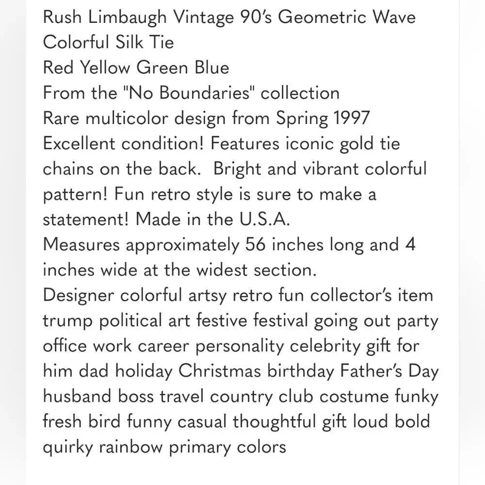 Rush Limbaugh Vintage 90’s Geometric Wave Colorful Silk Tie